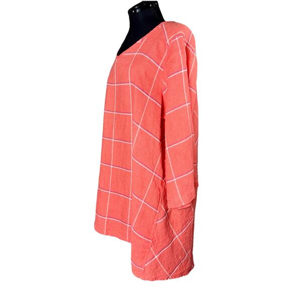 NWT FLAX Linen Medium Salmon Pink Tattersall Dolman Dress Tunic Top Plaid Office - Picture 3 of 7